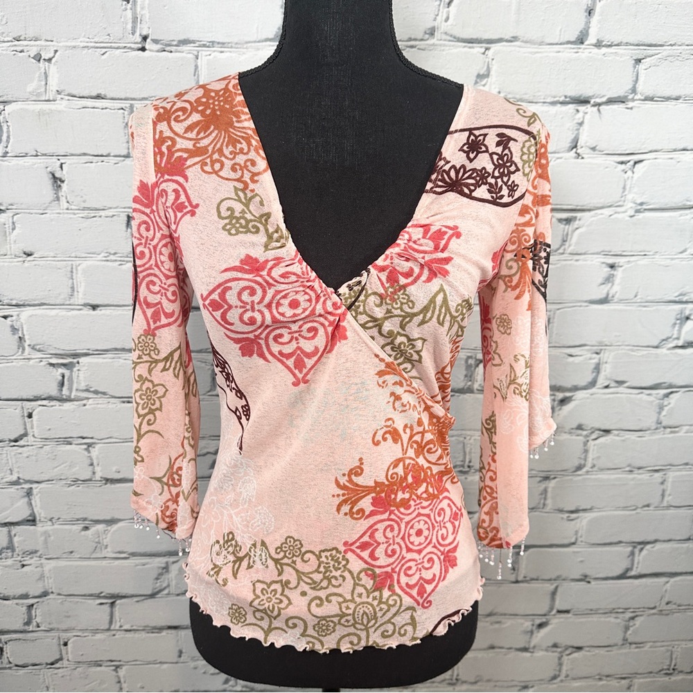 Vintage Y2K Vol 1 Sheer Mesh Floral Blouse Top Large Pink Fairycore Whimsygoth